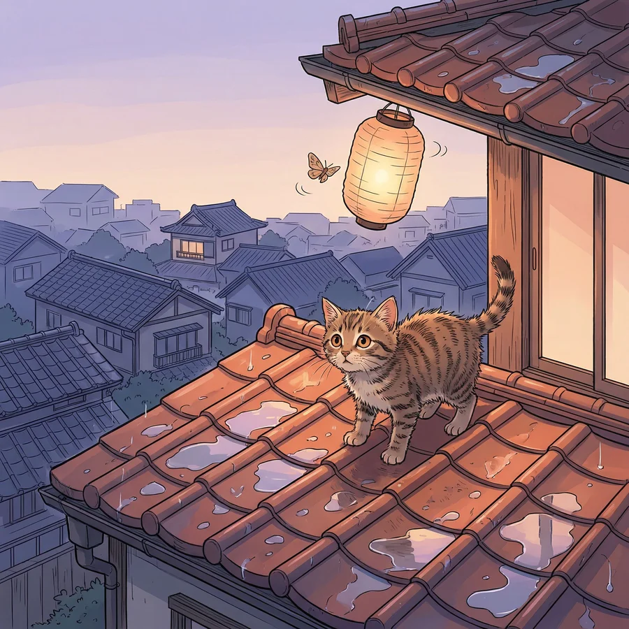 Tabby Kitten on Rain-Wet Rooftop 2