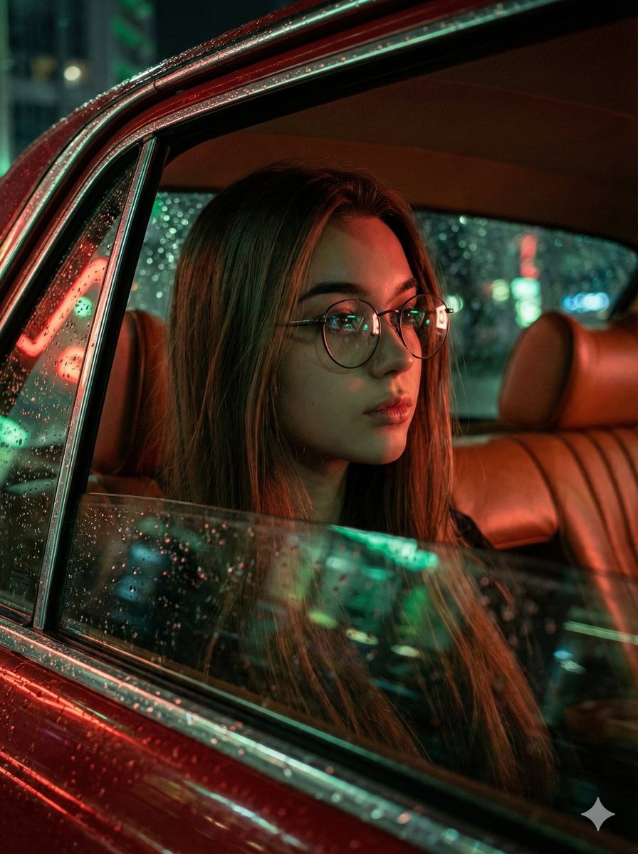 Cinematic Rainy Night Car Portrait Prompt 1