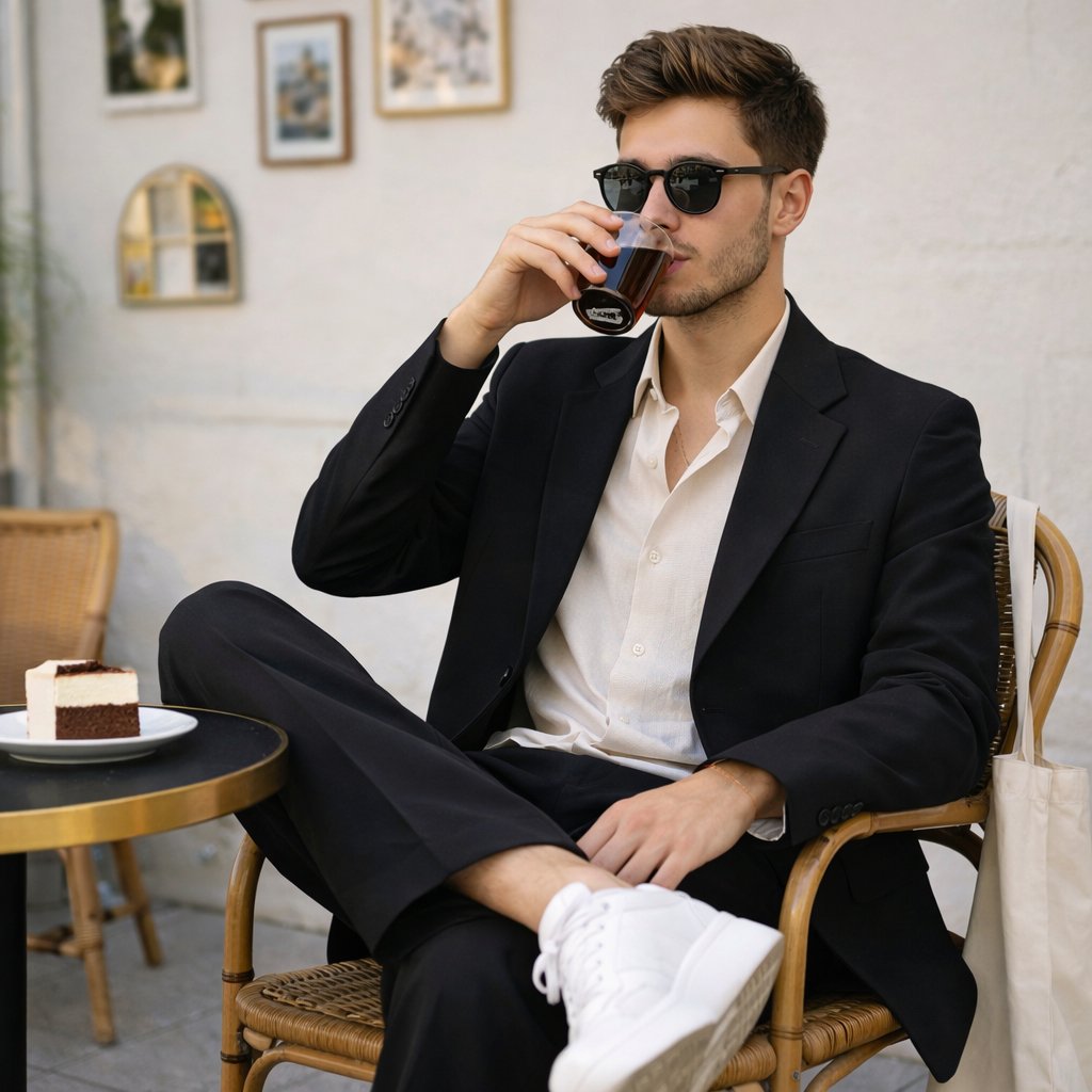 Fashionable Man in Cafe with Cake and Platform Sneakers 1
