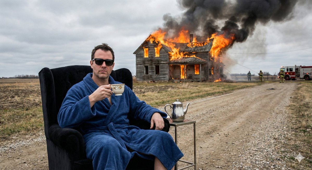 Documentary-Style Photo of Man in Robe with Burning Farmhouse 3