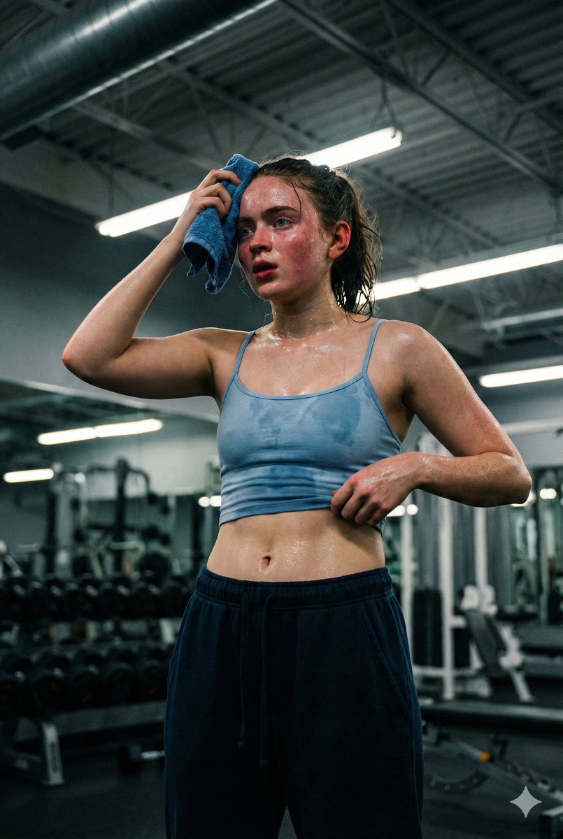 Photorealistic Exhausted Gym Portrait Prompt (Sadie Sink Style) 3