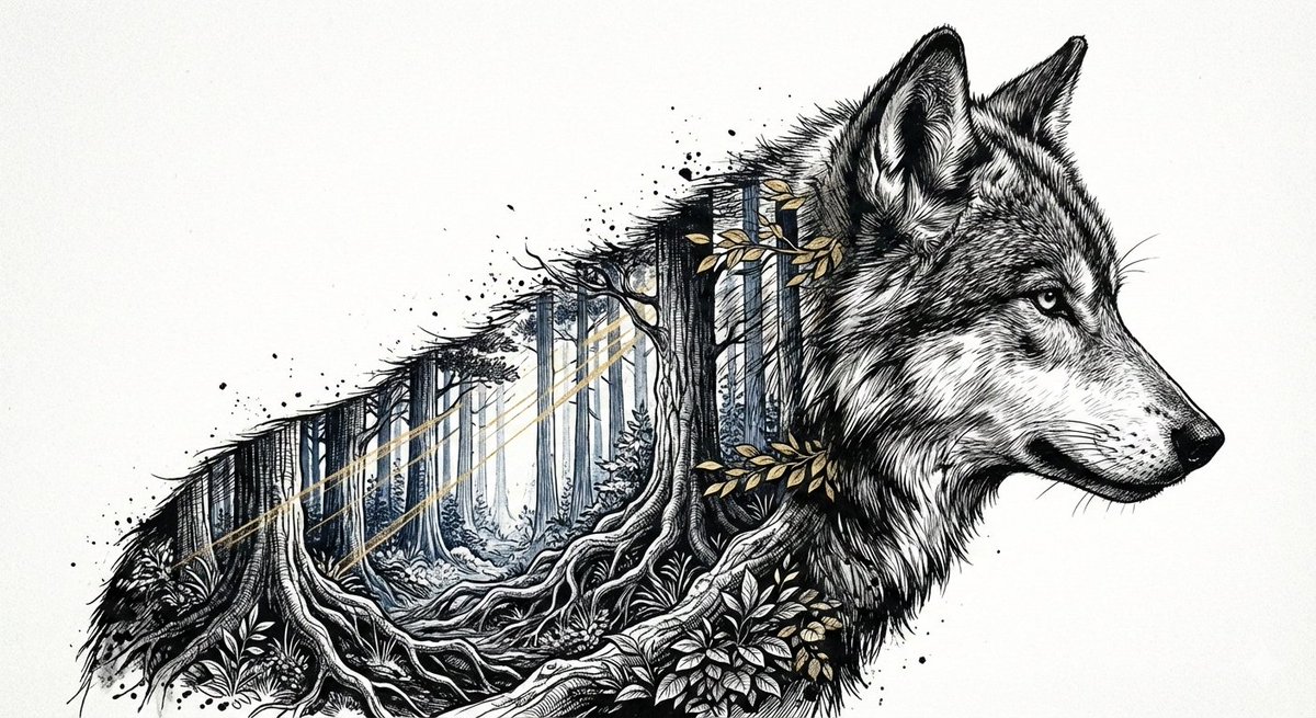 Cinematic Ink-Style Double-Exposure Wolf Portrait 1