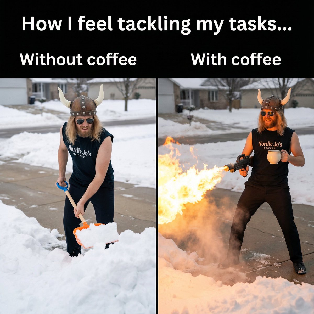 Meme: Shoveling Snow with/without Coffee 1
