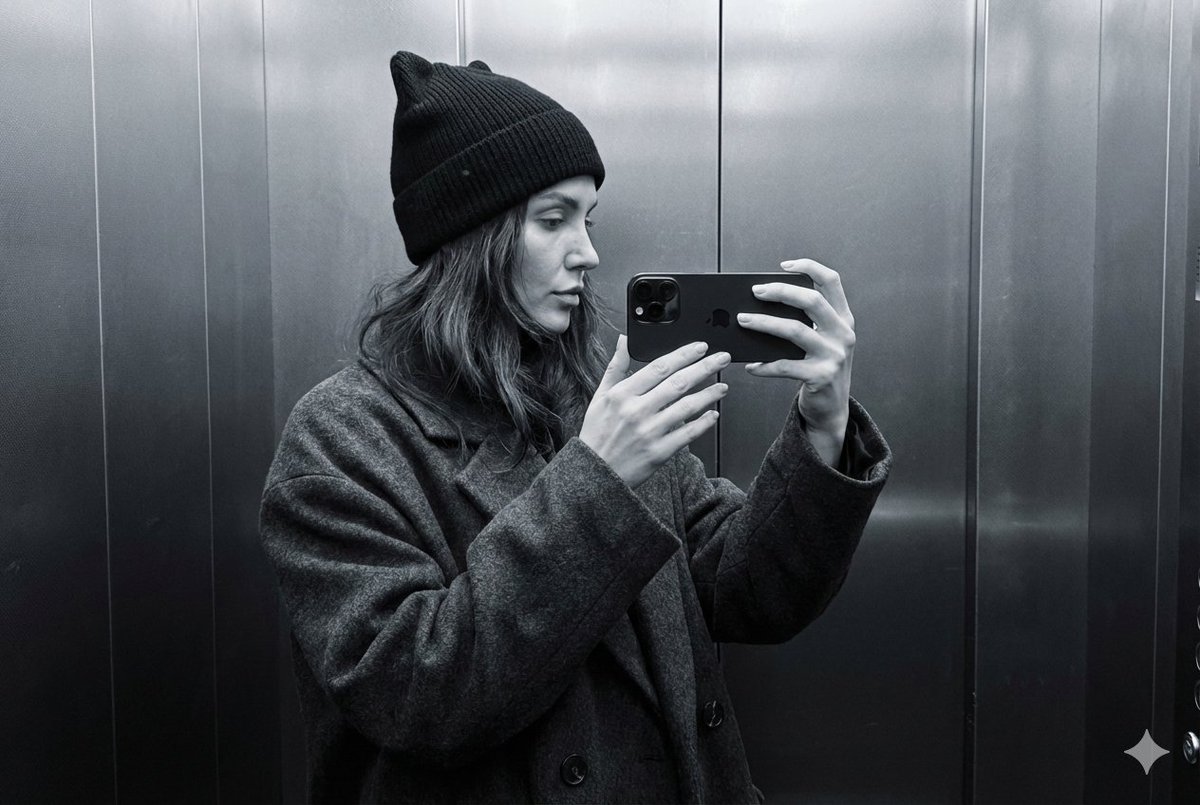 Monochrome Elevator Mirror Selfie with Cat-Ear Hat 1