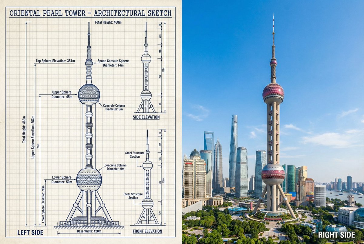 JSON Prompt for Side-by-Side Architectural Comparison of Oriental Pearl Tower 1