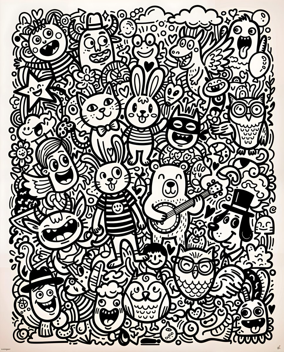 Black and White Whimsical Doodle Art 1