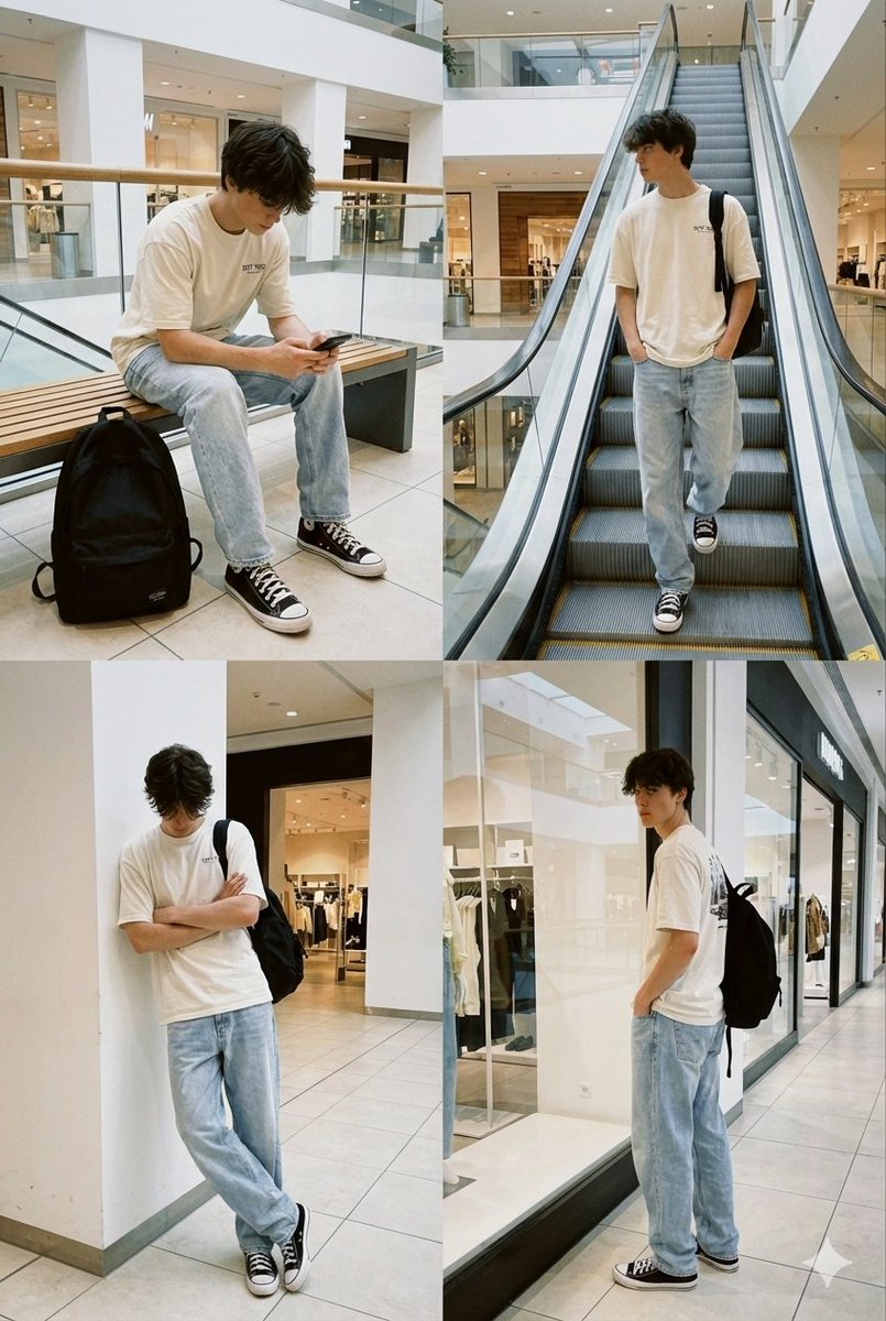 Realistic candid smartphone photo of a subject standing by an escalator in a mall 2