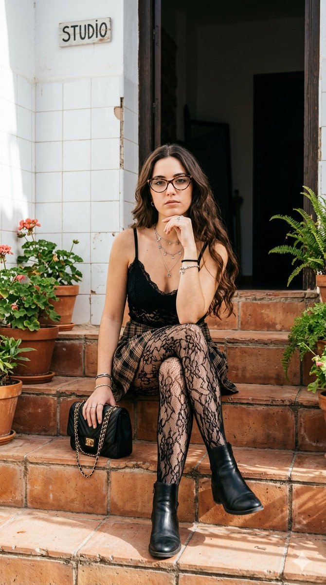 Portrait of Woman on Steps with Detailed Outfit 1