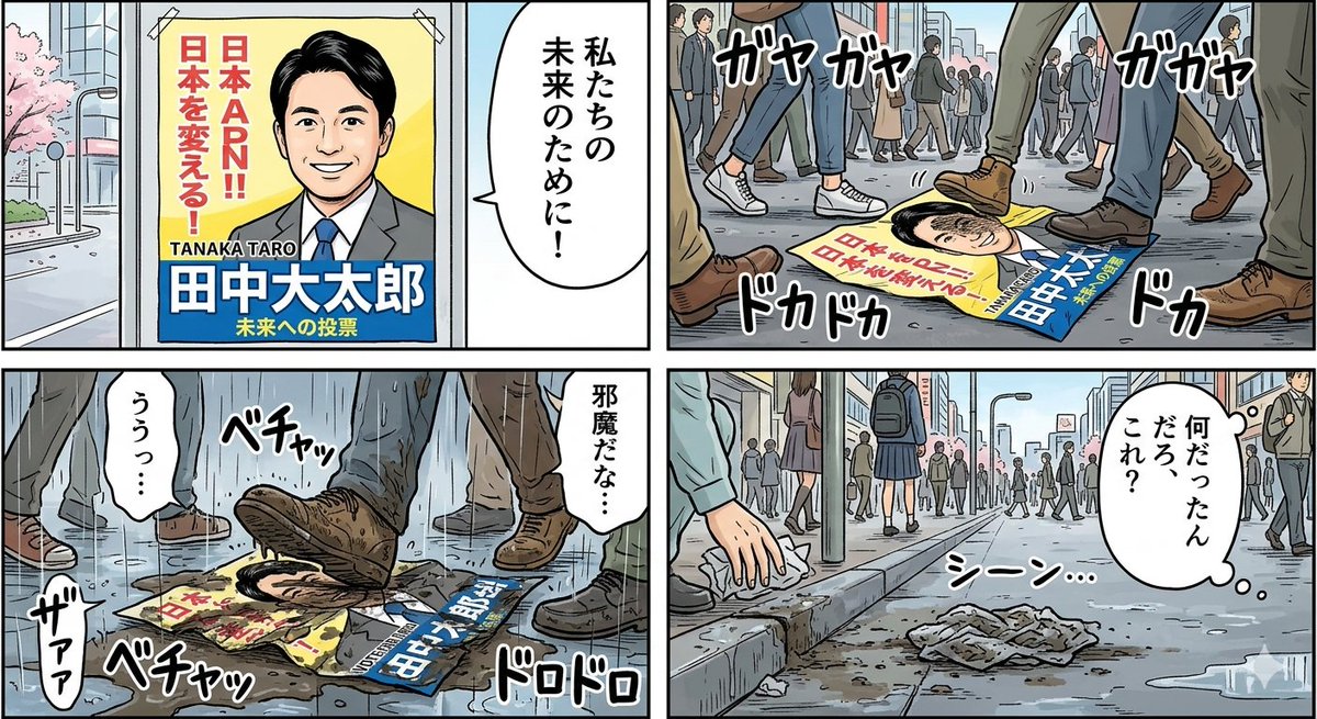 Four-Panel Manga: Poster Covered in Mud 1