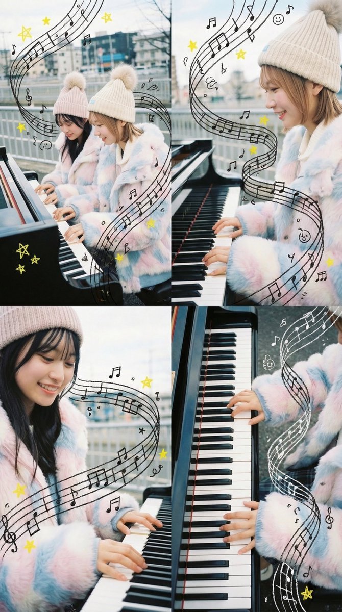 4-Panel Grid Composition with Piano Scene and Crayon Art Overlay 1