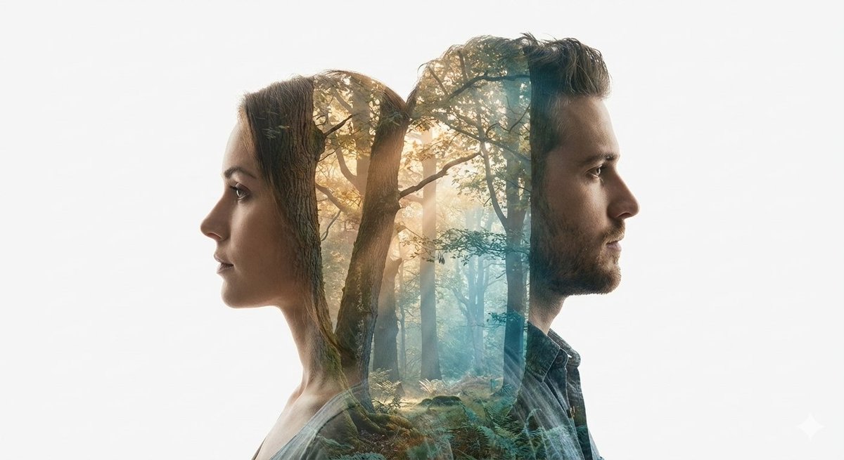 Cinematic Double-Exposure Portrait of Contrast and Connection 1