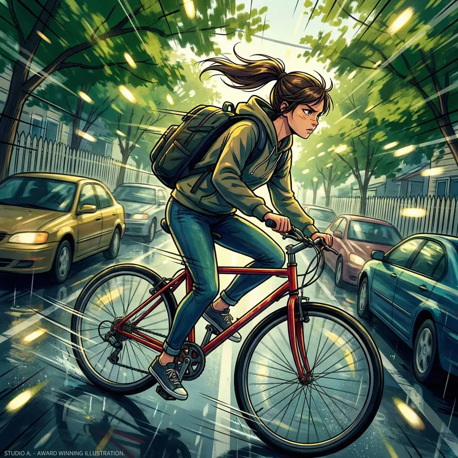 Girl Cycling City Illustration 1