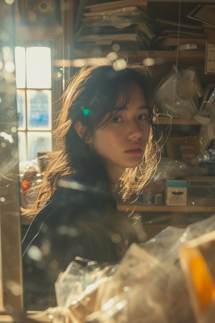 Cinematic Portrait of an East Asian Woman in a Cluttered Interior 1
