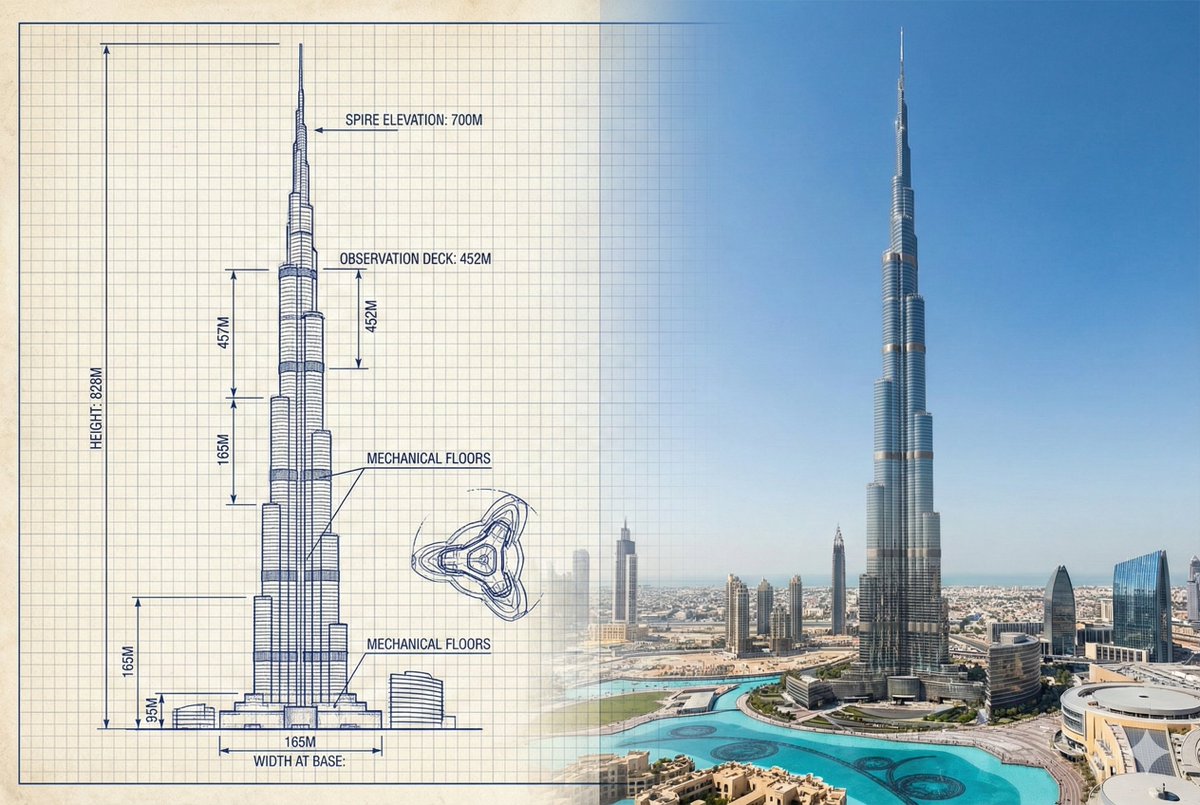 Burj Khalifa Technical Sketch and Real Photo Comparison 1