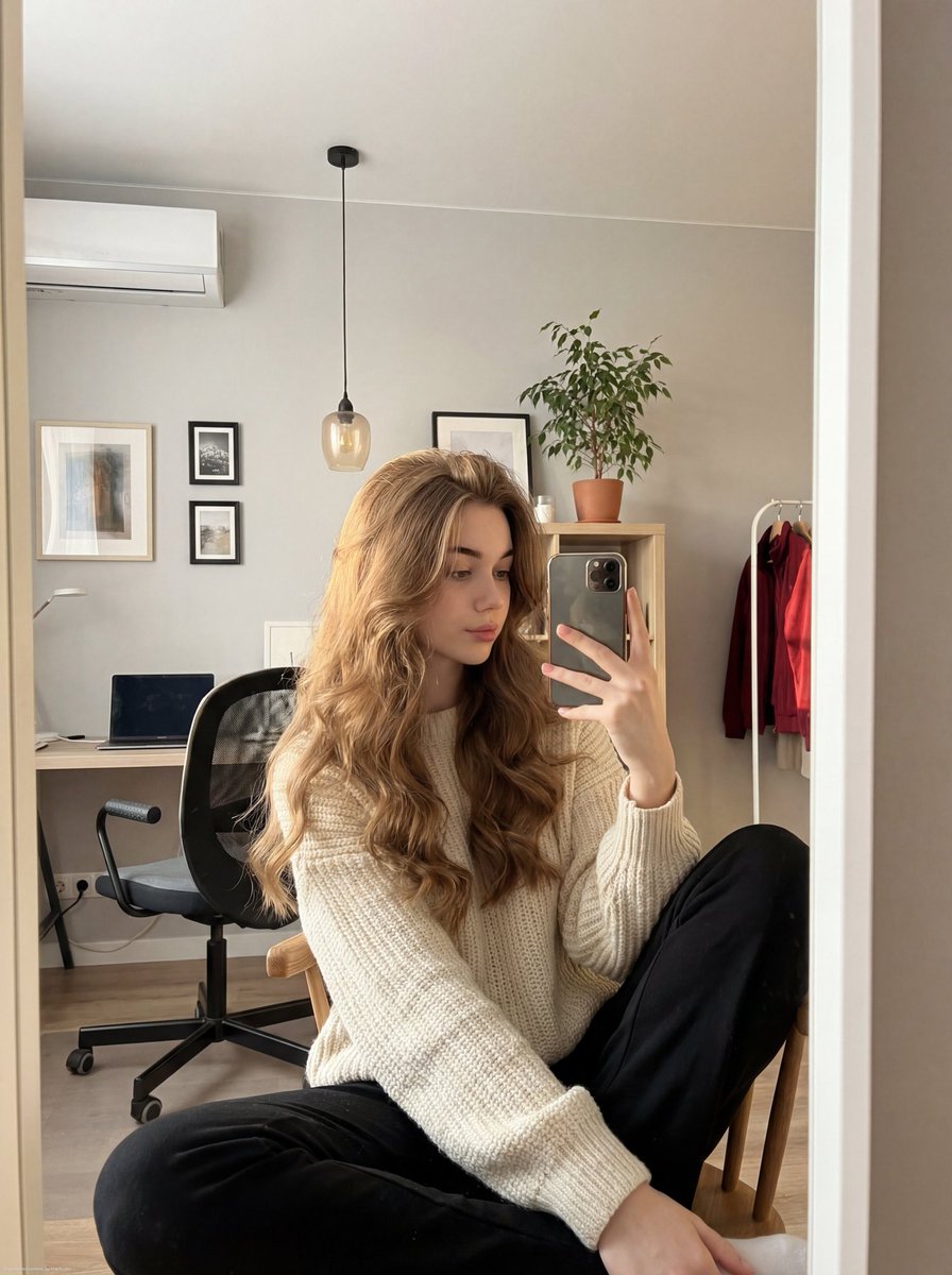 Realistic mirror selfie of a young woman in a cozy cream sweater 1