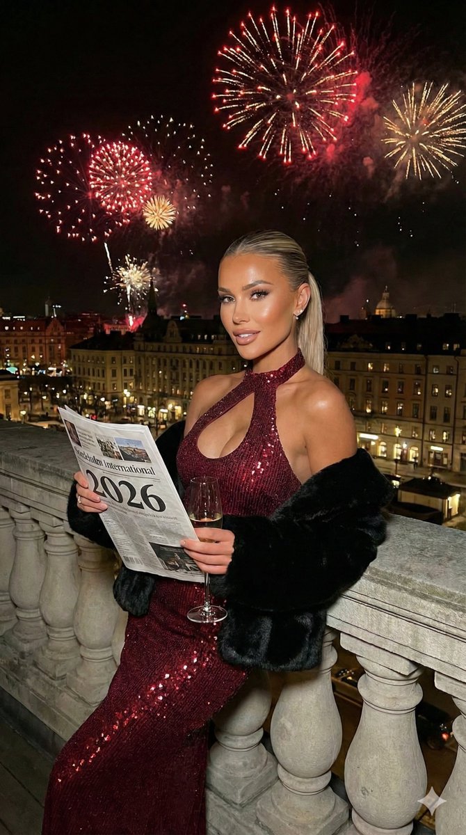 Glamorous Nighttime Balcony Portrait with Fireworks 1