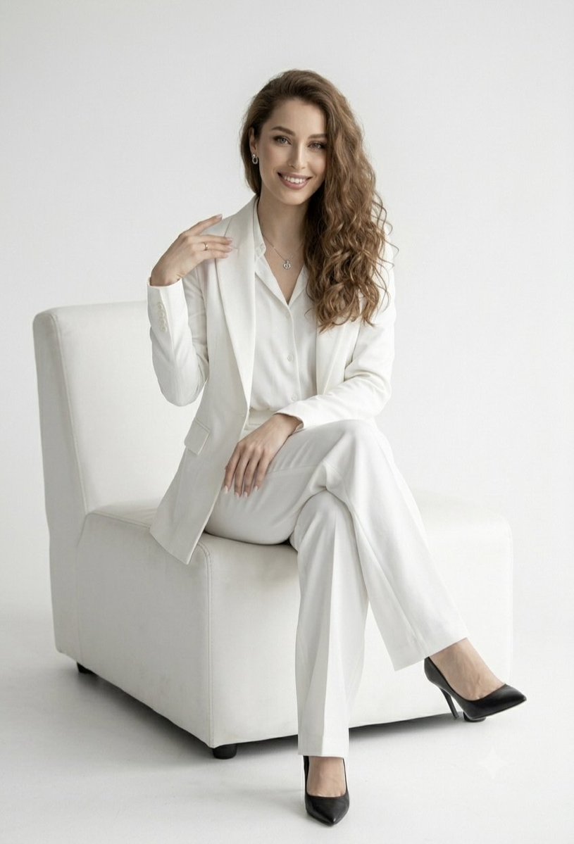 Elegant White Pantsuit Studio Portrait 3