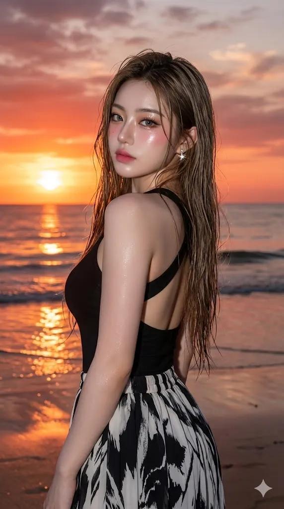Golden Hour Beach Portrait with Glass Skin Effect 1